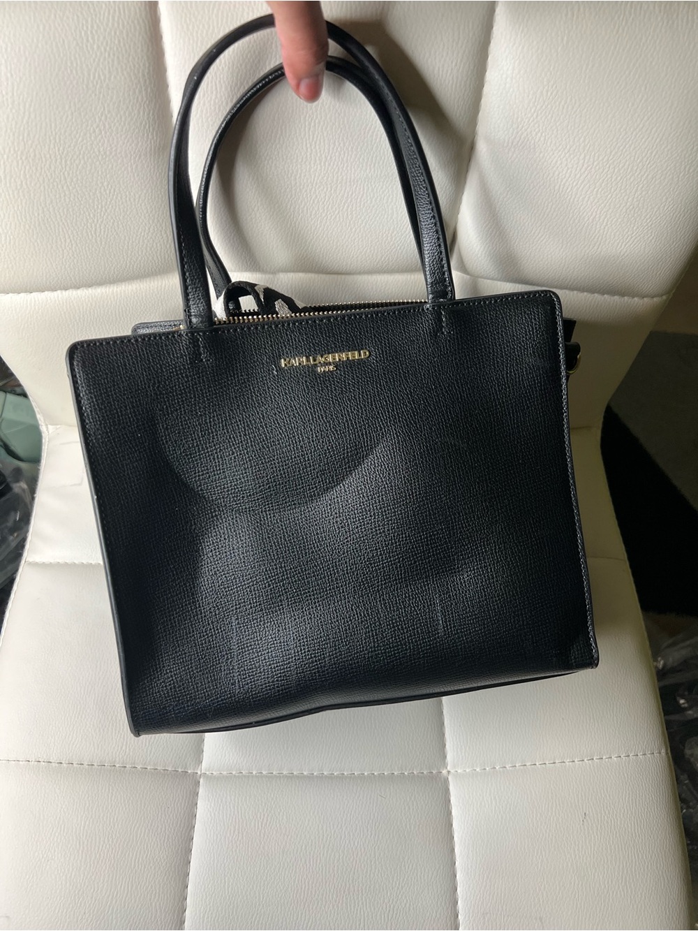 Karl Lagerfeld Black Textured Satchel with Gold Logo